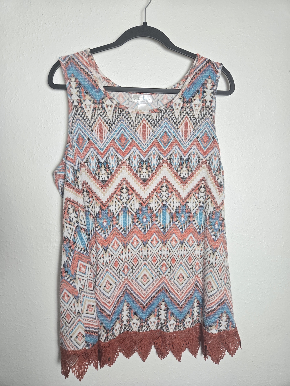 Sleeveless Aztec Crochet-Hem Tank Top - Coral & Blue 2x